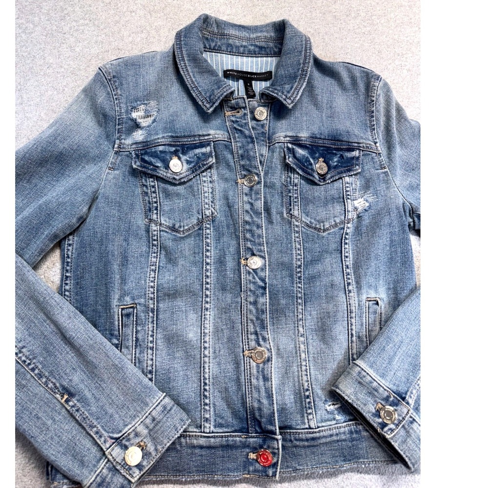 White House Black Market Distressed Denim Jacket Womens Sz 8 Stretch Jean Jacket - Picture 2 of 12